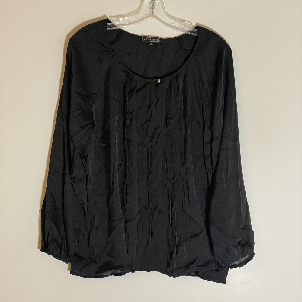 Elementz Shirt Womens Large Black Sheer Pleated Long Sleeve Blouse Top Polyester